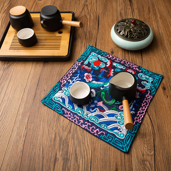 Buddha Stones鳳凰龍 麒麟刺繍 カップマットパッド ティーカップコースター カンフーティーマット