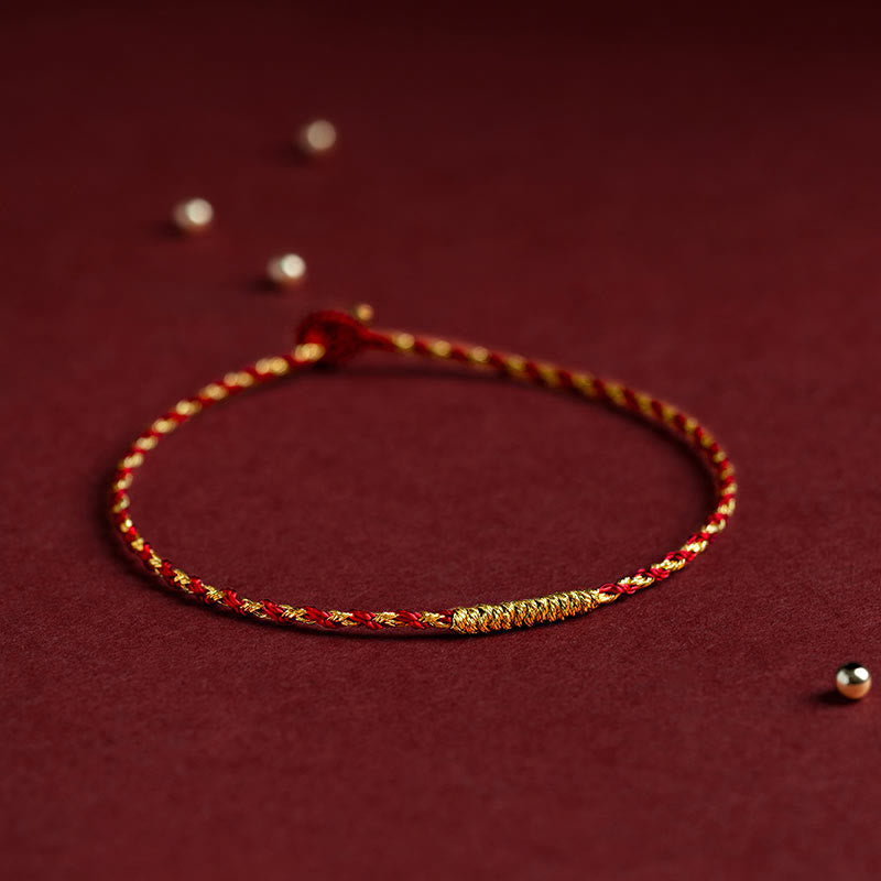 Buddha Stones 14Kゴールドメッキ ハンドメイド レッドゴールドロープ キングコングノット編み込み 幸運ブレスレット