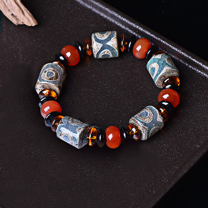 Buddha Stonesチベット三眼ビーズ瑪瑙 守護 幸福 ブレスレット