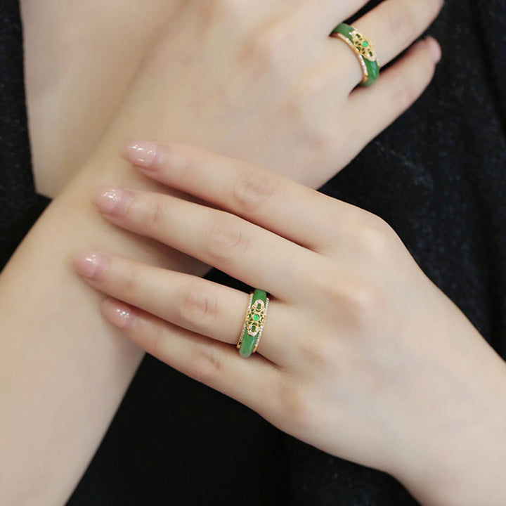 Buddha Stones 18Kゴールドメッキ × 天然グリーンカルセドニー 丈夫で美しいリング