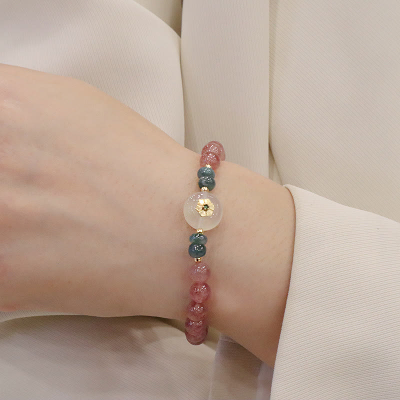 Buddha Stones天然ストロベリークォーツ カルセドニー 翡翠 ヒーリングブレスレット
