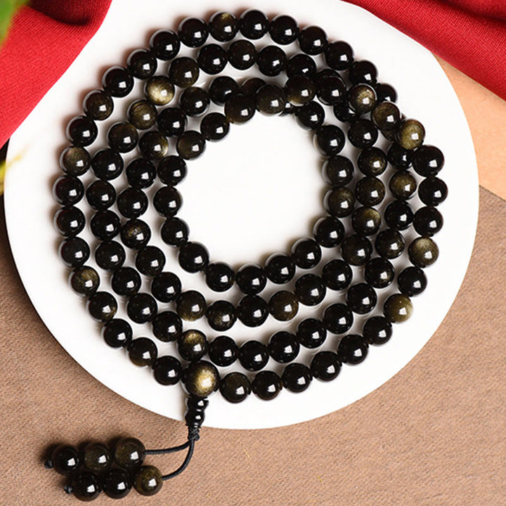 Buddha Stones 108Malaビーズ 天然ゴールド 光沢 黒曜石 富のブレスレット
