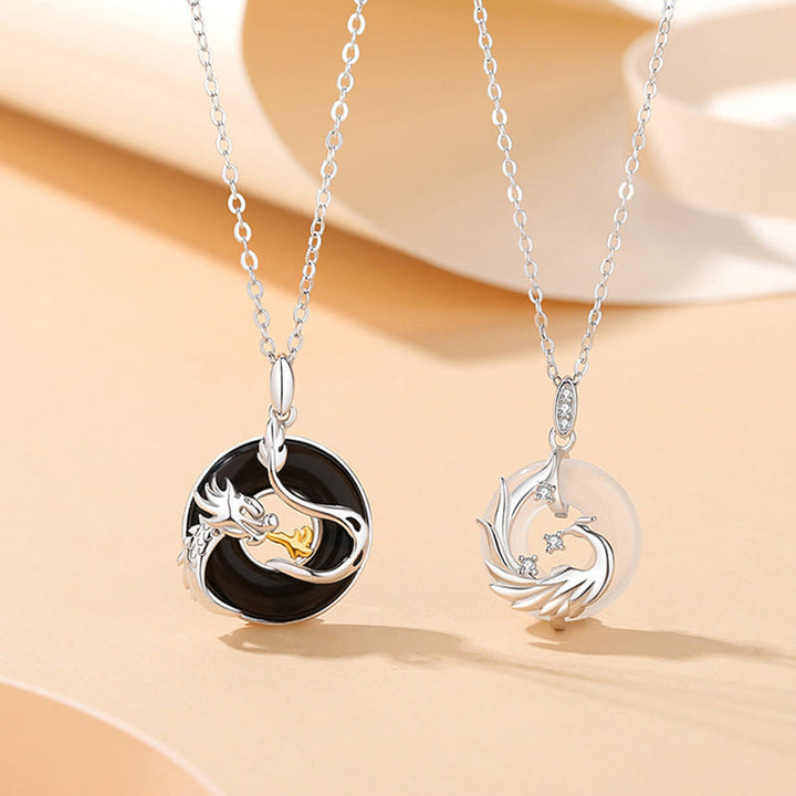 Buddha Stones925スターリングシルバー 龍年 天然ブラックオニキス カルセドニー 龍 鳳凰平和のお守りチャーム保護ネックレスペンダント - image 0