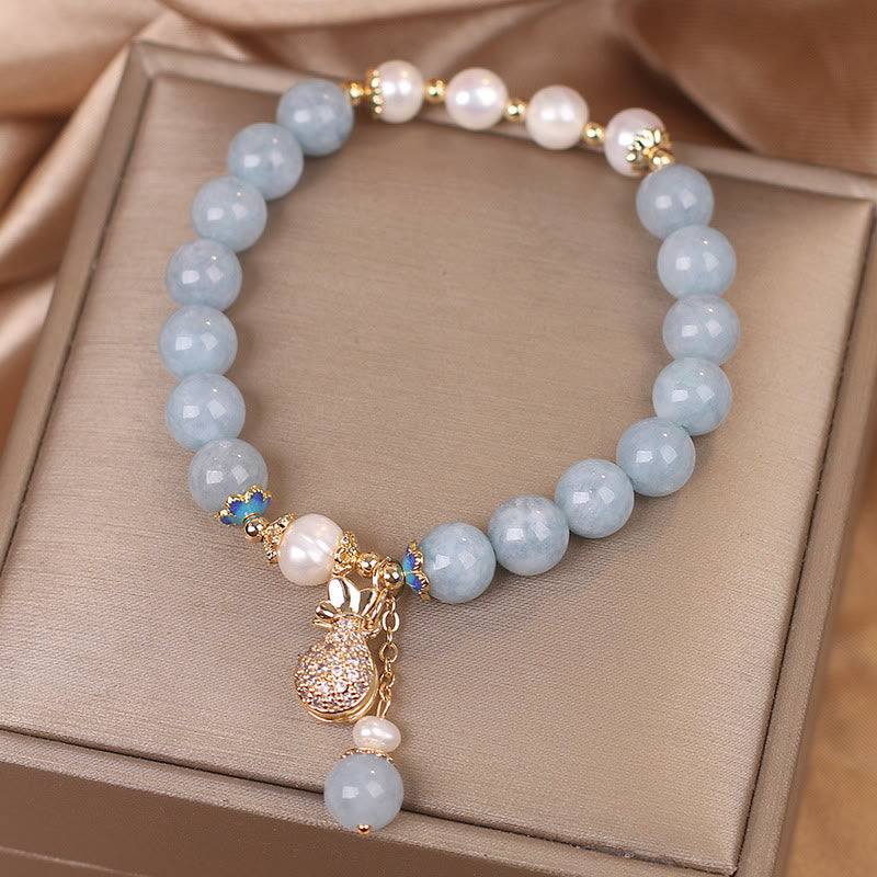 Buddha Stonesアクアマリンパール フォーチュン マネーバッグチャームブレスレット