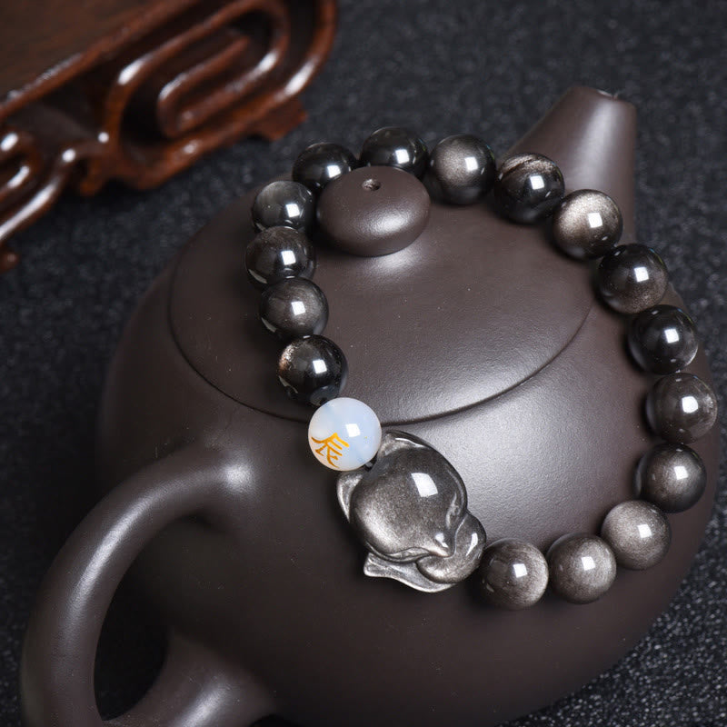 Buddha Stones天然レインボーオブシディアン ゴールドシーンオブシディアン シルバーシーンオブシディアン フォックスヒーリングブレスレット