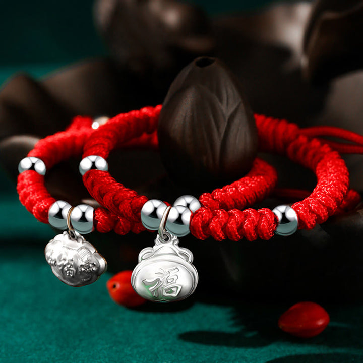 Buddha Stones925 スターリングシルバー ハンドメイド フーキャラクター 幸運のお金袋 中国ロックチャーム ベル ロータス 銅貨 キングコングノット編み 子供用ブレスレット