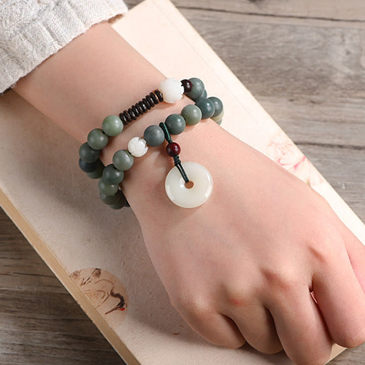 Buddha Stonesシアン菩提樹の種子 蓮の翡翠 平和バックル ウィズダム ダブルラップブレスレット