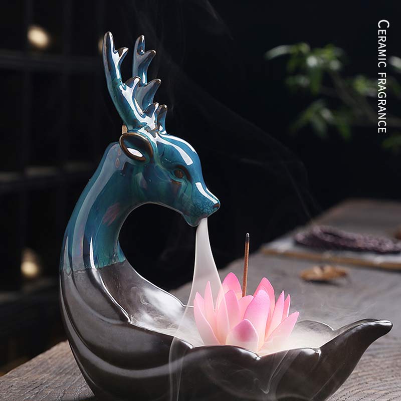 Buddha Stones小さな鹿 陶器 蓮 瞑想 香炉 装飾