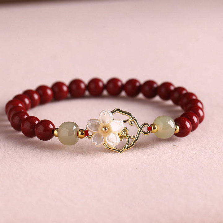 Buddha Stones天然辰砂翡翠ビーズ入りシャコガイ石花の祝福ブレスレット