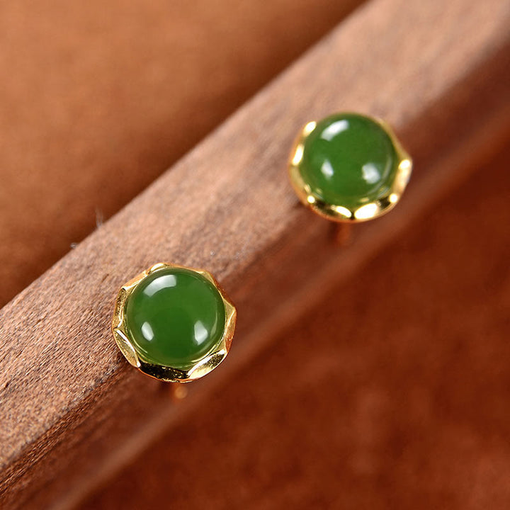 Buddha Stones 925スターリングシルバー ゴールドメッキ 天然和田翡翠ビーズ 幸運のスタッドピアス