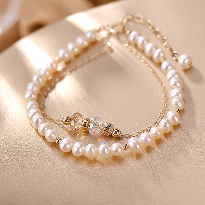 Buddha Stones925スターリングシルバー 14Kゴールドメッキ 天然パールクリスタル ヒーリング ダブルレイヤーブレスレット