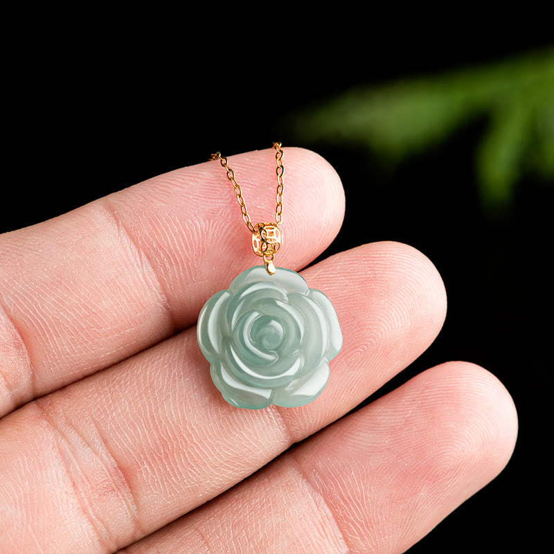 Buddha Stones18Kゴールド 925スターリングシルバー 天然翡翠 ローズ 幸運のネックレスペンダント