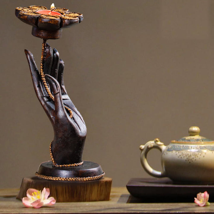 Buddha Stonesの手模様の木製キャンドルスティックホームキャンドルホルダー装飾