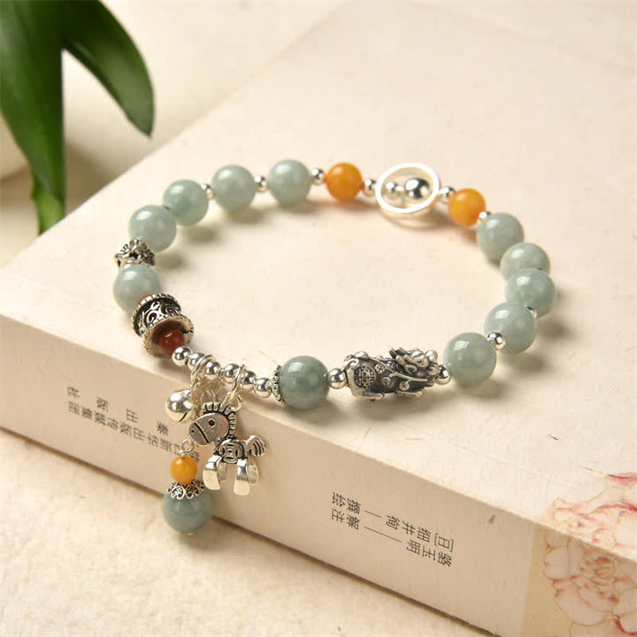 Buddha Stones 925スターリングシルバー 天然翡翠琥珀 貔貅ポニー 成功のブレスレット