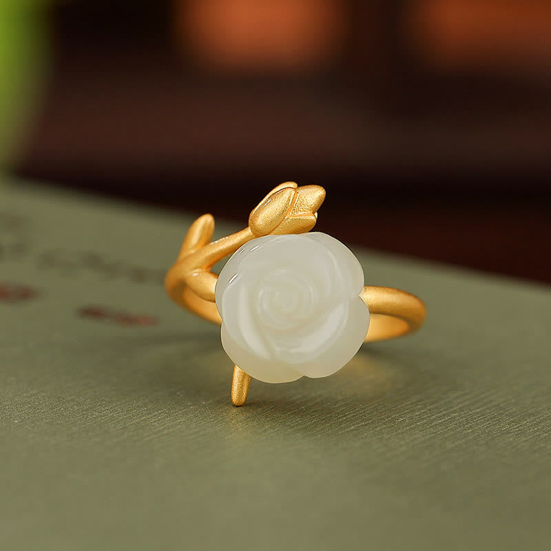 Buddha Stones925 スターリングシルバー ゴールドメッキ ローズフラワー 和田白翡翠 幸福リング
