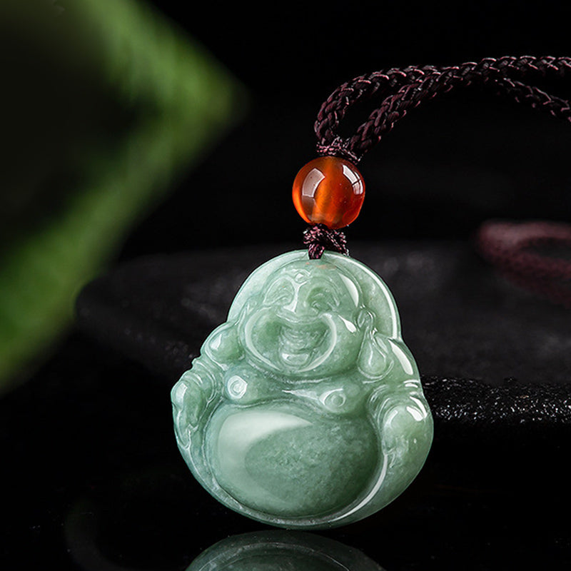 Buddha Stones笑う仏陀 シアン翡翠 成功のネックレス ストリングペンダント