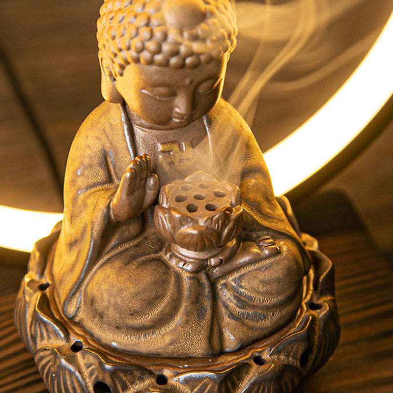 Buddha Stones仏陀 蓮 逆流 煙噴水 陶器 祝福 香炉 ライト装飾付き