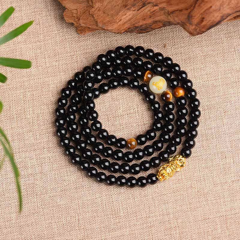 Buddha Stones、中国の十二支、黒曜石、貔貅（ピクシウ）の守護Malaブレスレット