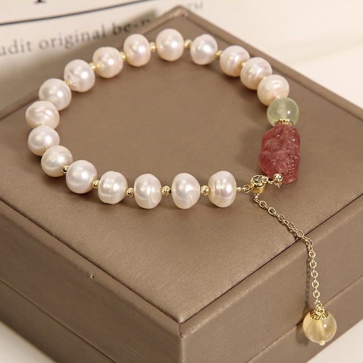 Buddha Stones天然真珠ストロベリークォーツ貔貅楽観チャームブレスレット