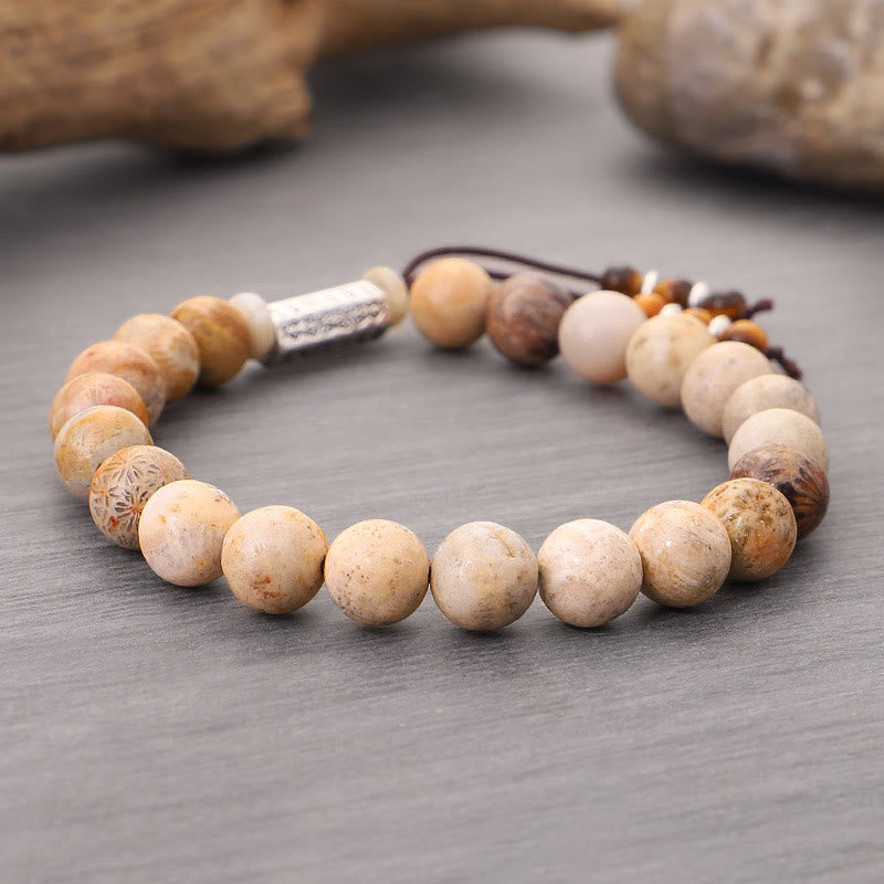 Buddha Stones風化石オーム・マニ・パドメ・フム強化ブレスレット