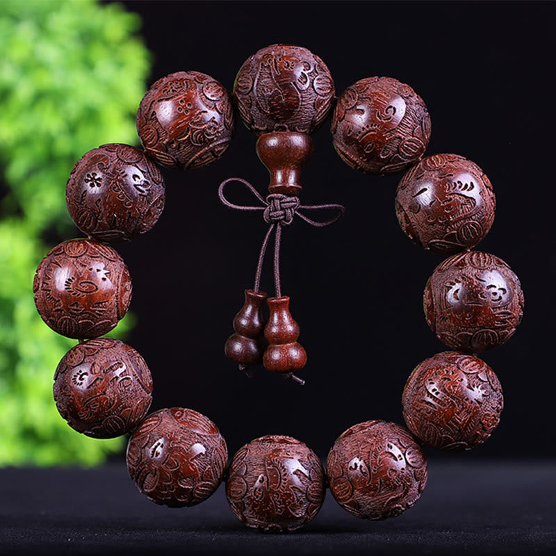 Buddha Stones、中国の十二支、ローズウッド、黒檀、銅貨、貔貅の彫刻、温もりのブレスレット