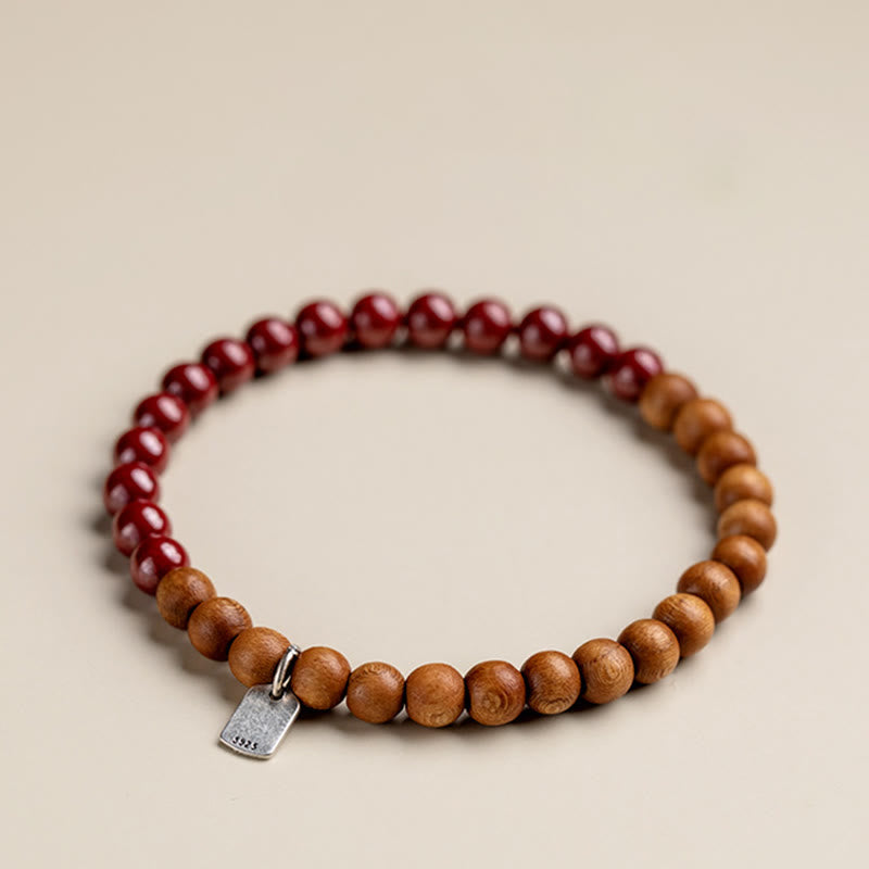 Buddha Stones925スターリングシルバー ピーチウッド シナバー 邪悪な霊を払うブレスレット