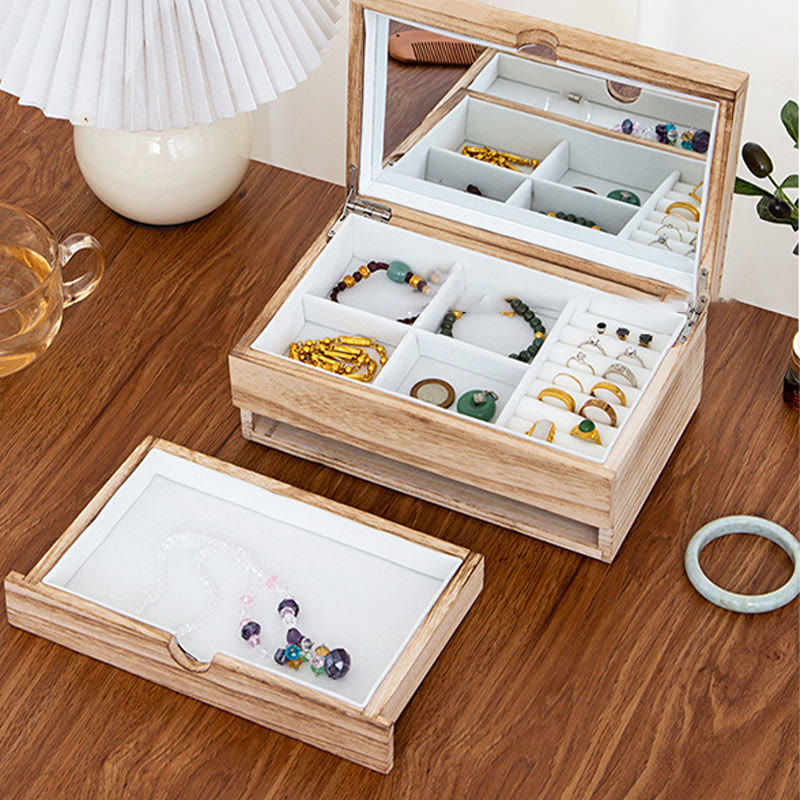 Buddha Stonesレトロ ベージュ 木製ジュエリーボックス 2層式 ジュエリー収納ボックス ミラー付き - image 5