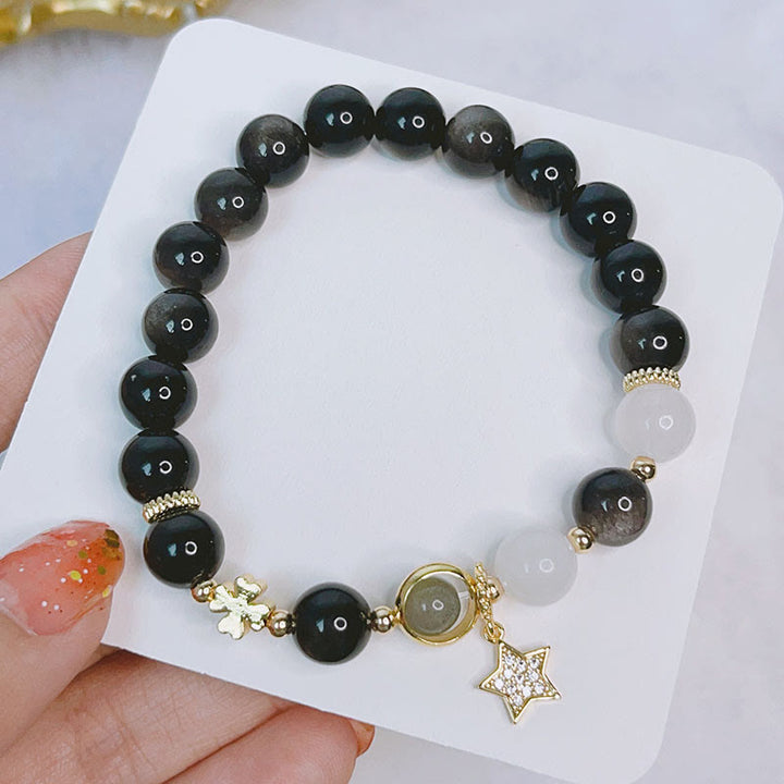 Buddha Stones天然銀光沢黒曜石 ラブハート スターフラワー 守護ブレスレット