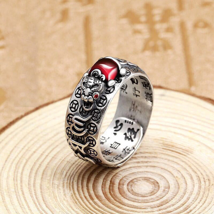 Buddha Stones貔貅 風水 カエル 金剛杵 ドルジェ 般若心経 富の調節可能なリング