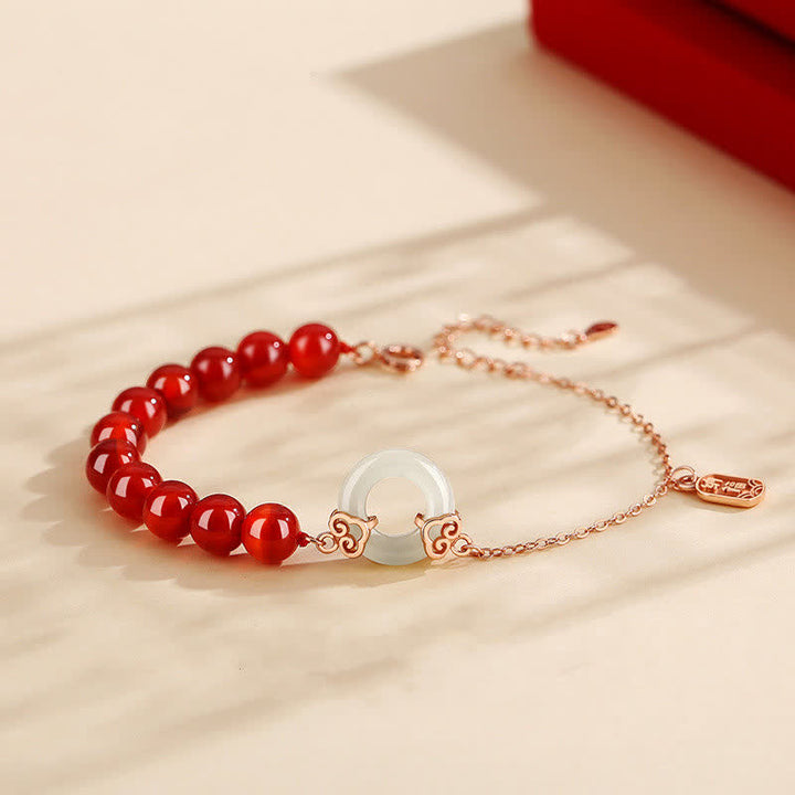 Buddha Stones 925スターリングシルバー 天然レッドアゲート ホワイトジェイド ピースバックル コンフィデンスブレスレット