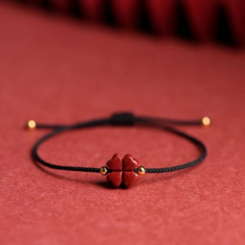 Buddha Stones天然辰砂 四つ葉のクローバー 祝福の赤い紐ブレスレット アンクレット