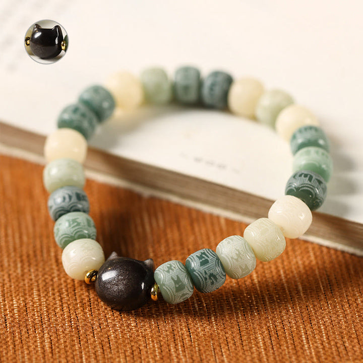 Buddha Stonesの銀光沢黒曜石猫の頭、オーム・マニ・パドメ・フムの彫刻入りハーモニーブレスレット - image 9