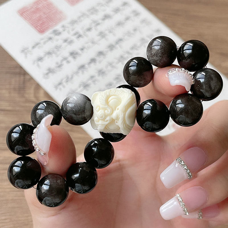 Buddha Stones銀の輝き 黒曜石 菩提樹の種 象牙 フルーツ ダンシングライオン 守護ブレスレット