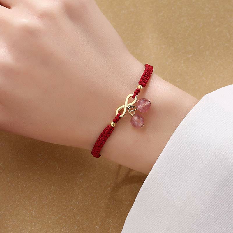 Buddha Stonesストロベリークォーツ クリスタル エンドレスノット ラブヒーリング レッドストリングウィーブブレスレット
