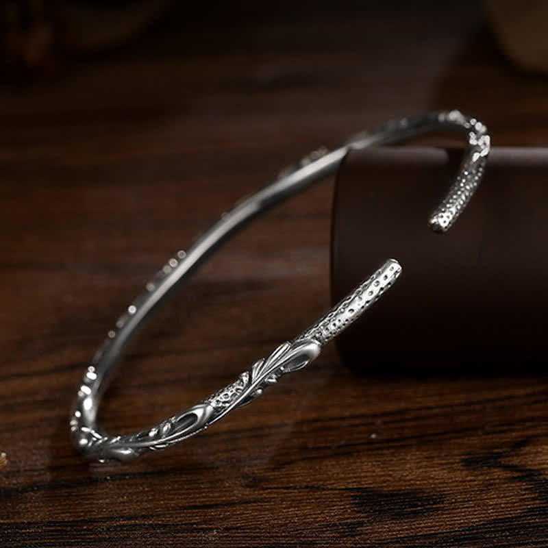 Buddha Stones925スターリングシルバー ハンドメイド ブドウの木 彫刻入り守護ブレスレットバングル