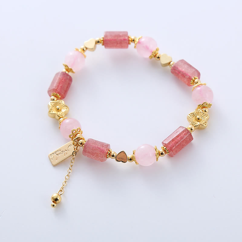 Buddha Stonesストロベリークォーツ ピンククリスタル ラブハートフラワー ポジティブブレスレット