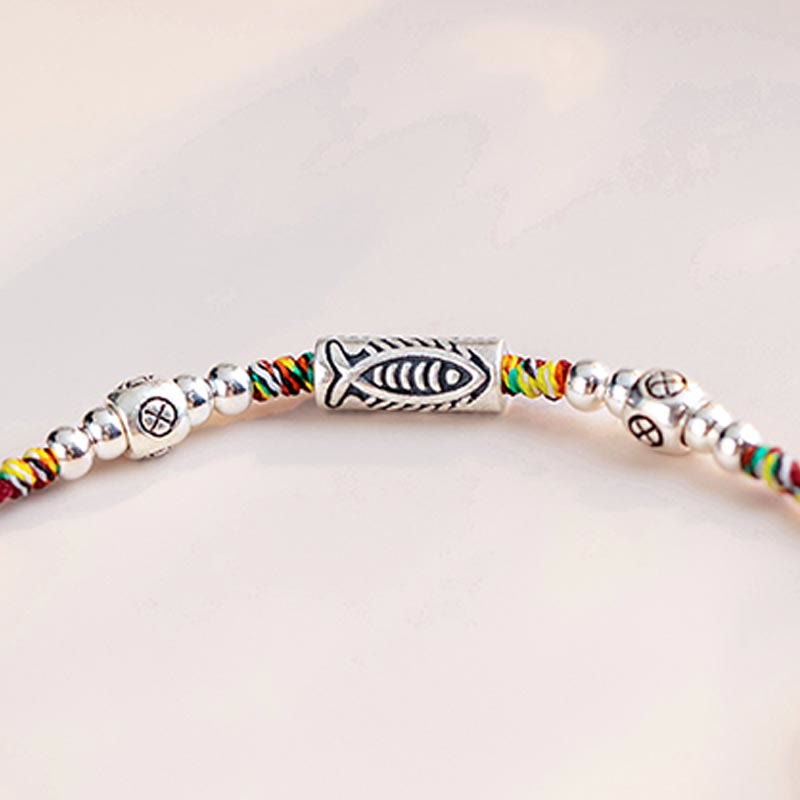 Buddha Stones925 スターリングシルバー 幸運の鯉 編み込み カラフル ストリング ブレスレット アンクレット