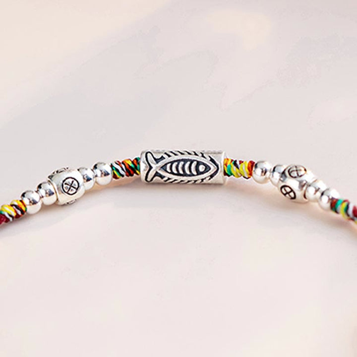 Buddha Stones925 スターリングシルバー 幸運の鯉 編み込み カラフル ストリング ブレスレット アンクレット