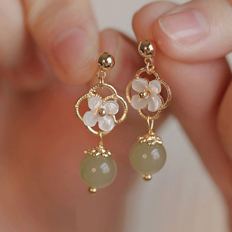 Buddha Stonesシャコガイ 石花 翡翠ビーズ 祝福 ドロップイヤリング