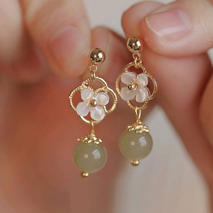 Buddha Stonesシャコガイ 石花 翡翠ビーズ 祝福 ドロップイヤリング