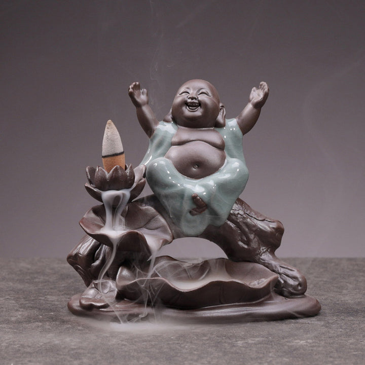 Buddha Stones小さな僧侶 陶器 蓮の祝福 香炉 装飾