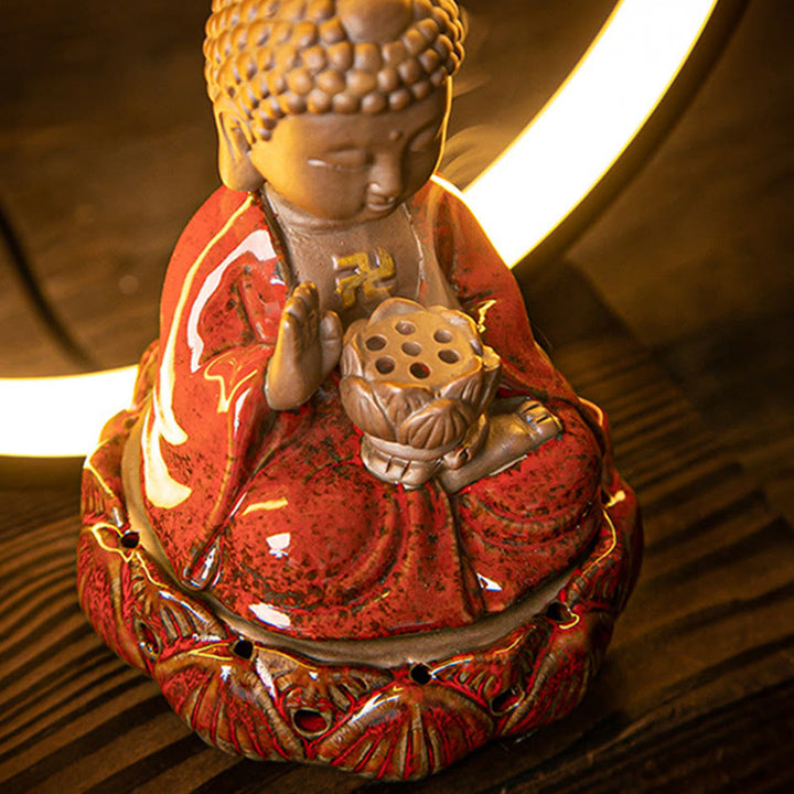 Buddha Stones仏陀 蓮 逆流 煙噴水 陶器 祝福 香炉 ライト装飾付き