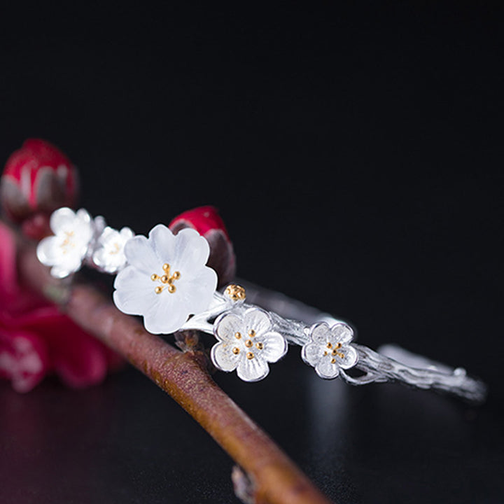 Buddha Stones925スターリングシルバー プラムフラワー 祝福ブレスレット 調節可能バングル