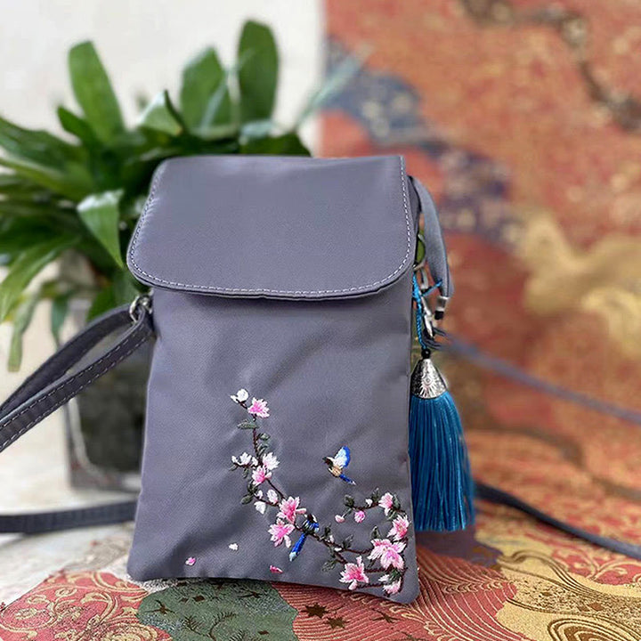 Buddha Stones防水ハンドメイド刺繍蓮の花クロスボディバッグショルダーバッグ携帯電話バッグ