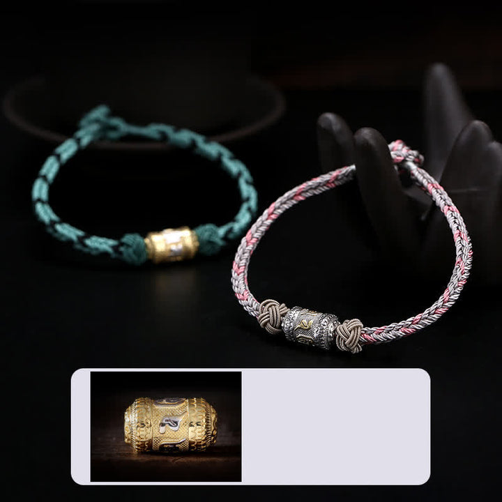 Buddha Stones925 スターリングシルバーオーム・マニ・パドメ・フム祈祷ホイール幸運 強さ赤紐ブレスレット