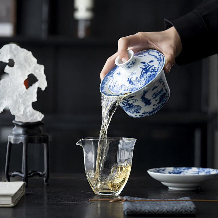 Buddha Stones青と白の磁器 蓮 鯉 獅子舞 スイカ 陶器 蓋碗 三彩 ティーカップ カンフーティーカップ＆ソーサー 蓋付き 300ml