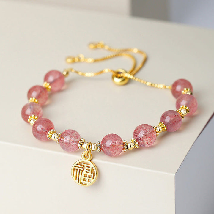 Buddha Stones 14Kゴールドメッキ 天然ストロベリークォーツ 福の字 ポジティブチャームブレスレット