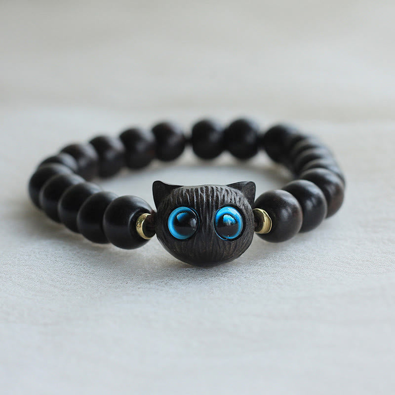 Buddha Stones、黒檀、緑白檀、かわいい猫の平和ブレスレット - 黒檀（バランス♥落ち着き） - image 1