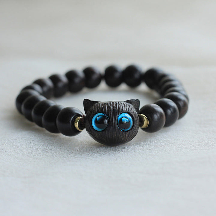 Buddha Stones、黒檀、緑白檀、かわいい猫の平和ブレスレット