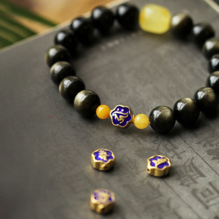 Buddha Stones925 スターリングシルバー十二支誕生仏天然金光沢 黒曜石 琥珀 富の守護ブレスレット